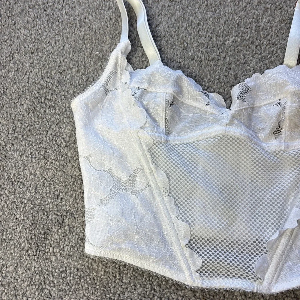Savage X Fenty corset top womens small White Floral Lace Mesh Longline Bralette - Picture 4 of 14